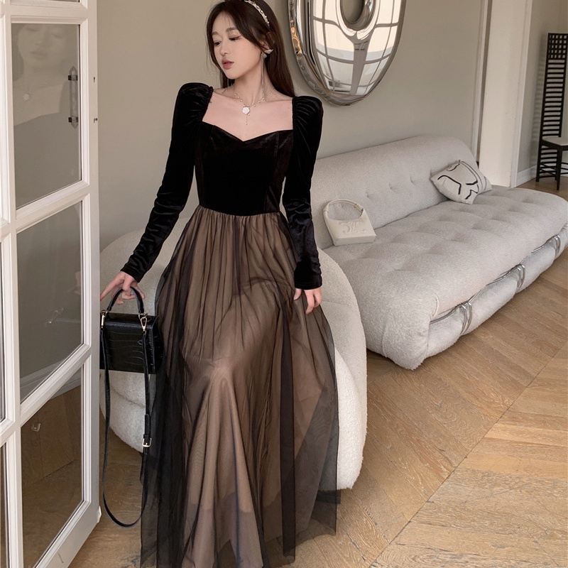 Đầm Dài Tay Phối Lưới Phong Cách Pháp Thời Trang Mùa Thu Cao Cấp Cho Nữ