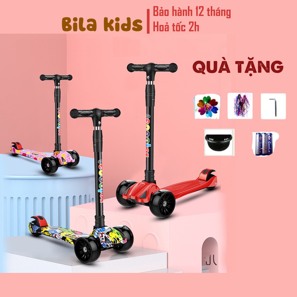 Xe Scooter cho bé trượt Graffiti BILA KIDS Có Nhạc Có Đèn, Gấp gọn thông minh bánh