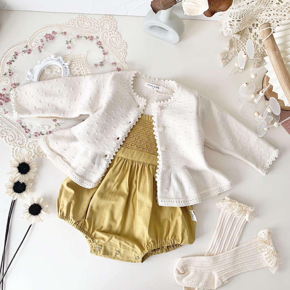 ÁO CADIGAN LEN DÁNG XÒE VIỀN REN CÀI CÚC CHO BÉ- HÀNG QCCC