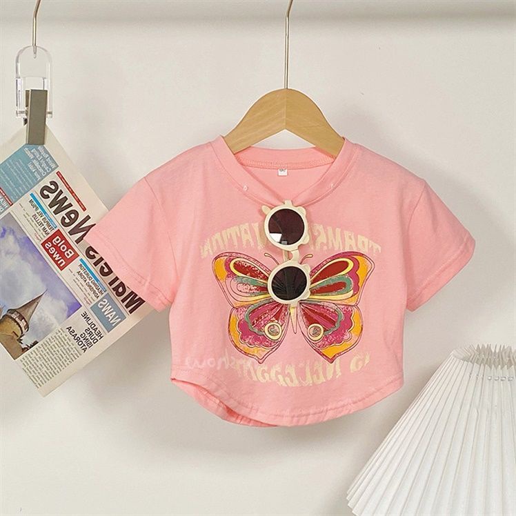 Áo Thun Tay Ngắn Dáng Ôm In Họa Tiết Bươm Bướm Thời Trang Mùa Hè Xinh Xắn Cho Bé Gái