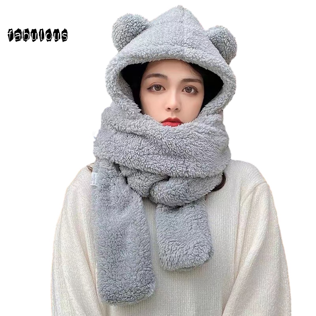 Fab set Mũ Trùm Đầu + Găng Tay + Khăn Choàng 3 Trong 1 Bằng Vải Bông Giữ Ấm Tai Gấu Co Giãn Thời Trang Mùa Đông Cho Nữ