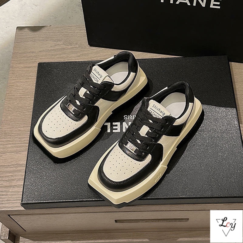 Giày Thể Thao Mũi Vuông Đế Dày Màu Trắng Đen Thời Trang Xuân Thu 2023 Cho Nữ