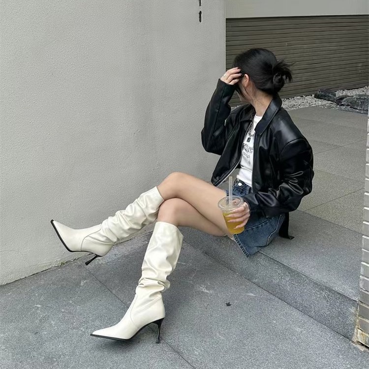 Giày Bốt Cao Gót Da pu Mũi Nhọn Màu Trơn Thời Trang Cao Cấp