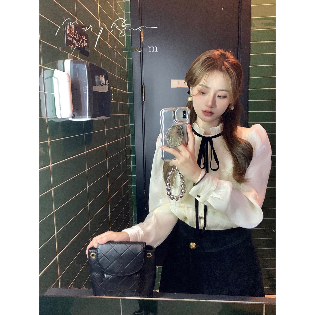 Áo Sơ Mi Tay Dài Phối Ren Phong Cách Pháp Thanh Lịch Cho Nữ