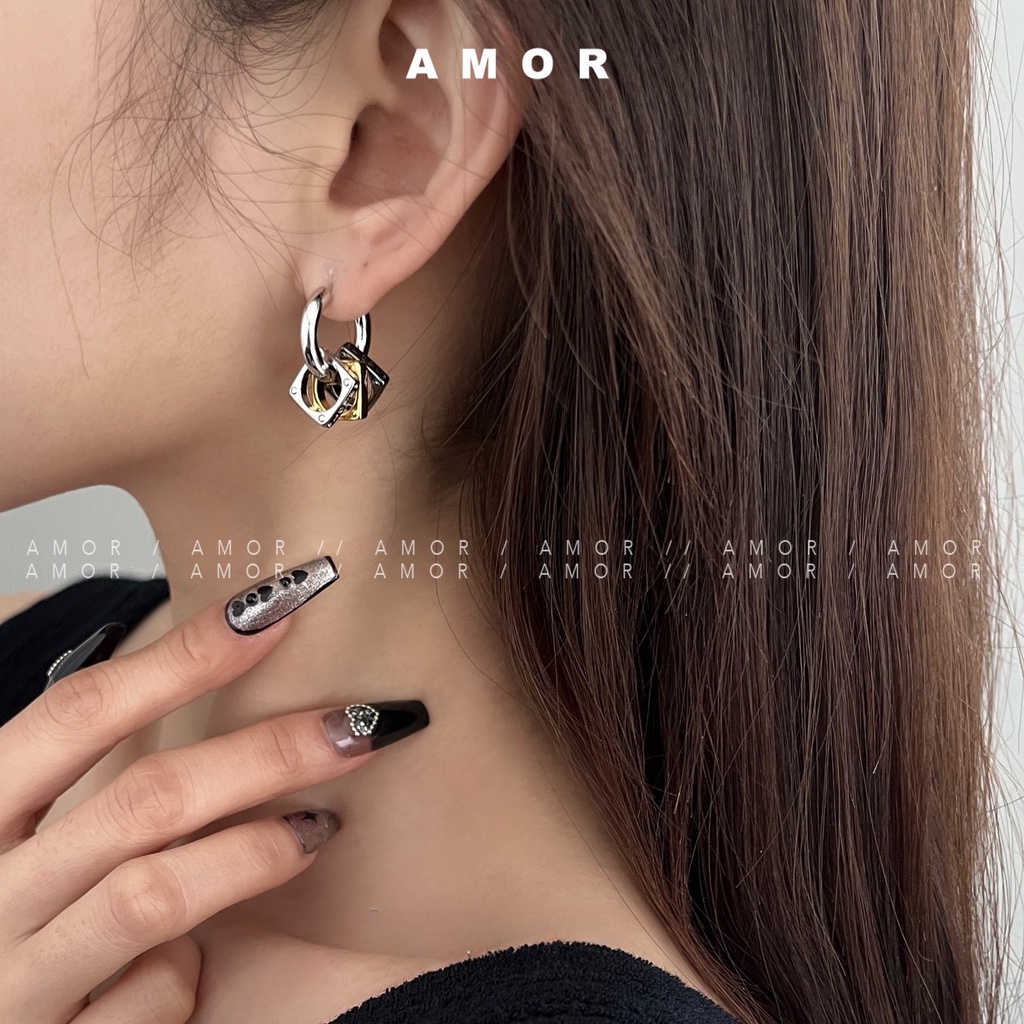 Bông Tai Ba Vòng Bằng Thép Titan Màu Tương Phản Thời Trang unisex y2k