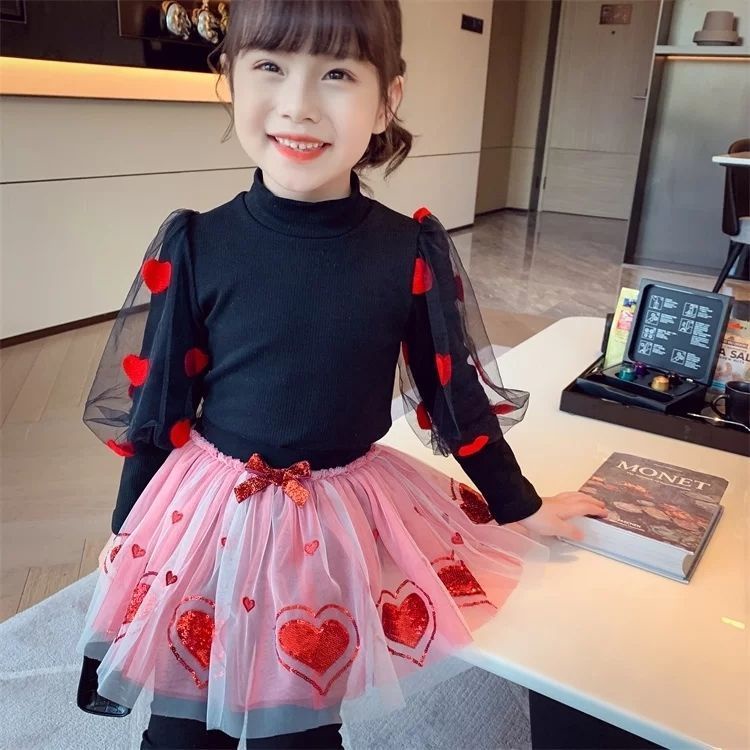 Áo Kiểu Tay Phồng Thêu Họa Tiết Trái Tim Thời Trang Xuân Thu Xinh Xắn Cho Bé Gái