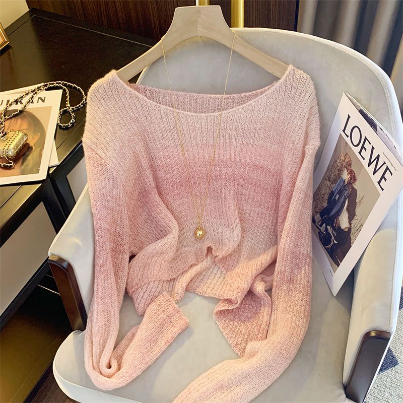 Áo Len Dệt Kim Tay Ngắn Hở Vai Màu gradient Thời Trang Mùa Xuân 2023 Dành Cho Nữ