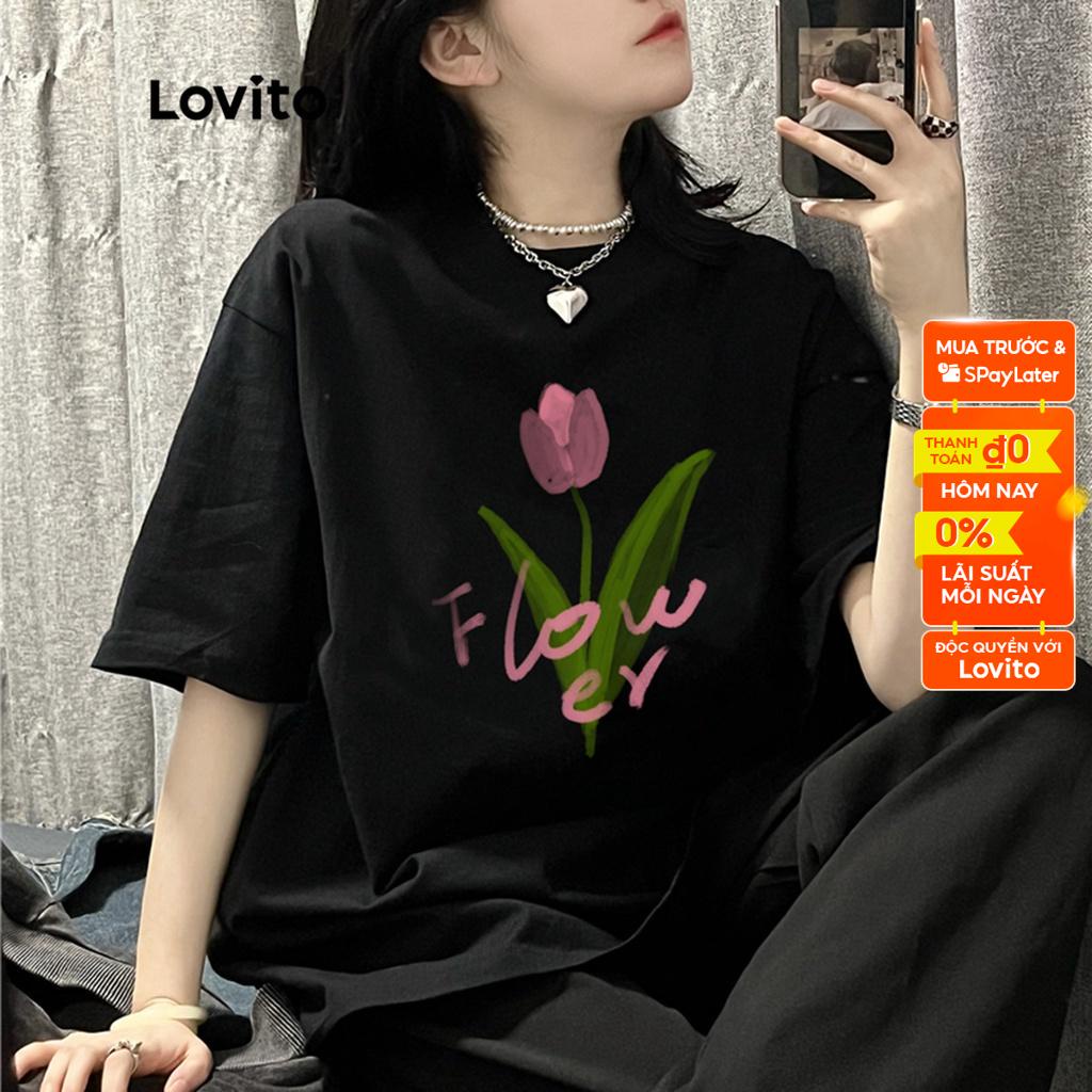Áo thun Lovito tay ngắn cổ tròn họa tiết hoa thường ngày cho nữ LNA08049 (màu đen)
