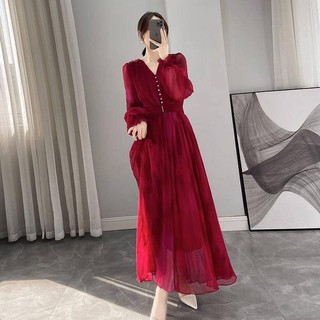 Đầm Dài Tay Phồng Màu Đỏ Hồng Nữ Tính Thời Trang Đi Biển