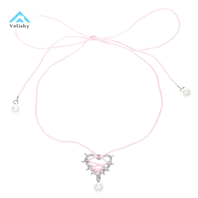 Velishy Vòng cổ Mặt Trái Tim Đính Ngọc Trai Và Ruy Băng Thời Trang Cho Nữ