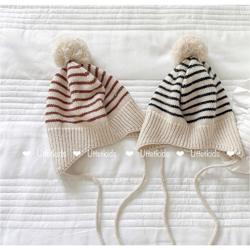 MŨ LEN SỌC CÓ DÂY PHONG CÁCH HÀN QUỐC CHO BÉ GÁI VÀ BÉ TRAI RẤT ĐẸP