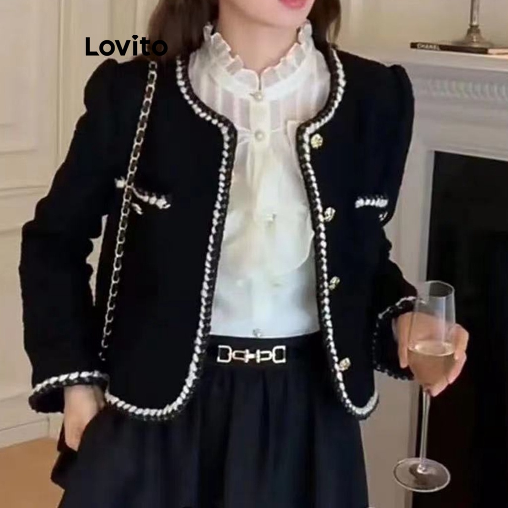 Lovito Áo blazer có dây buộc tương phản có túi trơn thông thường dành cho nữ LNA29012 (Đen)