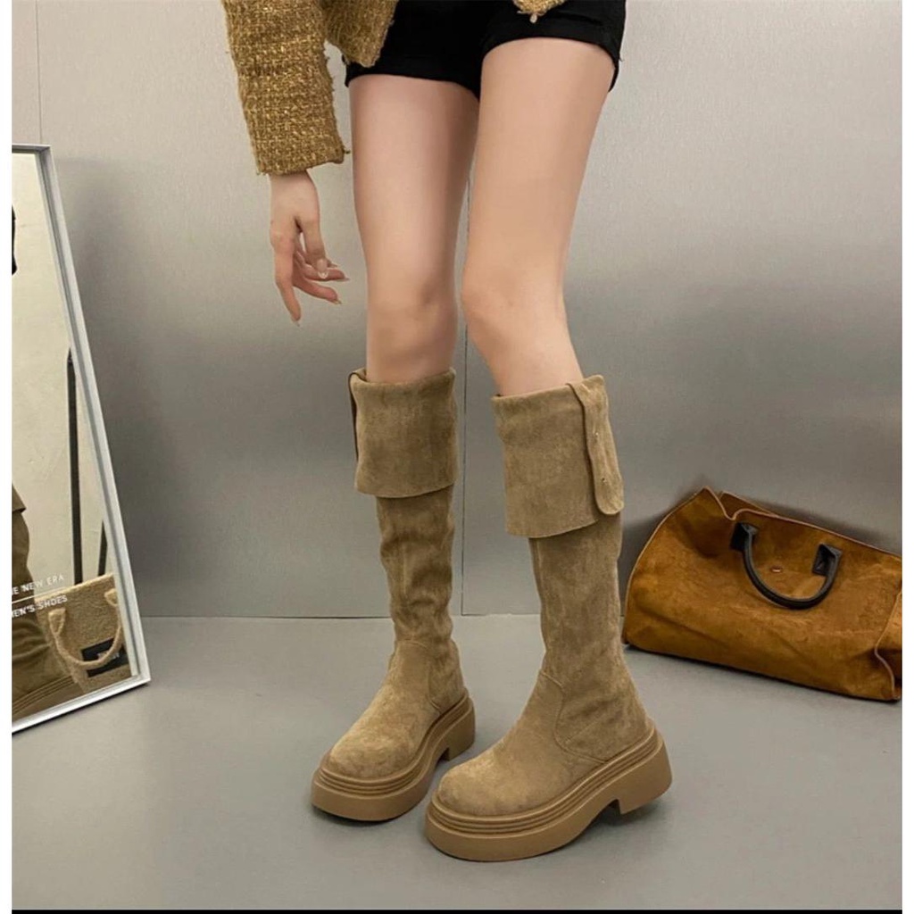 Giày Bốt Cao Qua Gối Bằng Da Lộn Màu Trơn Phong Cách Thu Đông Mới Cho Nữ