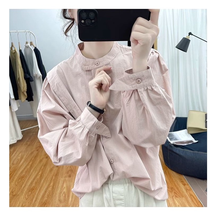 Áo Sơ Mi cotton Cổ Đứng Tay Dài Phồng Dáng Rộng Thời Trang Mùa Thu Hàn Quốc 2023 Dành Cho Bạn Nữ