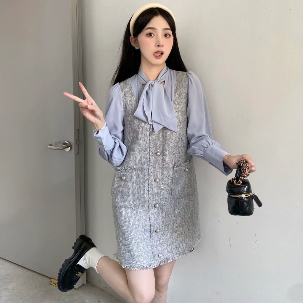 Set Áo Sơ Mi Và Đầm Sát Nách Phong Cách xiaoxiang Cao Cấp Thời Trang Xuân Thu Hàn Quốc Cho Nữ