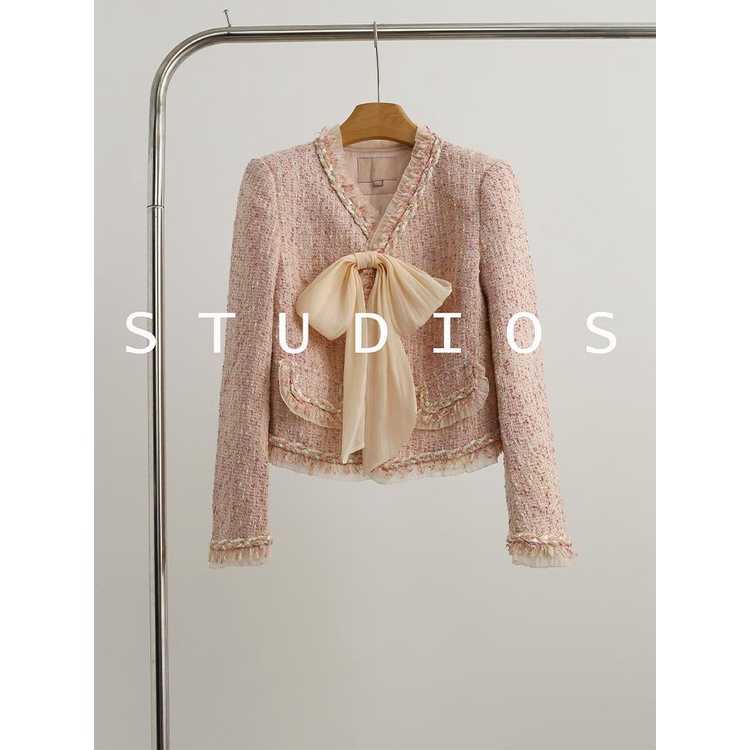 Bộ Áo Khoác cardigan Thắt Nơ Phối Chân Váy Vải tweed Màu Hồng Phong Cách Pháp Thời Trang Mùa Thu Mới