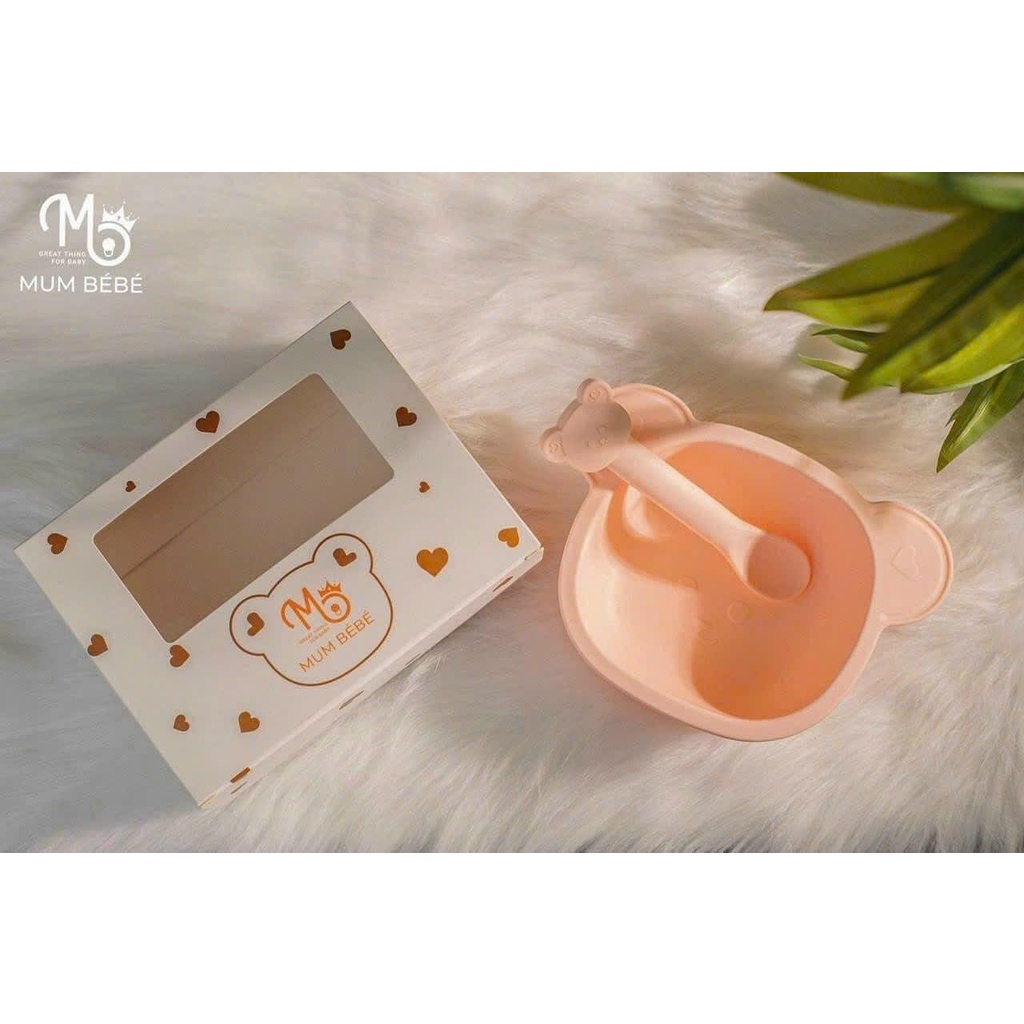 SET BÁT GẤU KÈM THÌA SILICON MUMBEBE CHO BÉ ĂN DẶM CÓ ĐẾ HÍT CHỐNG LẬT