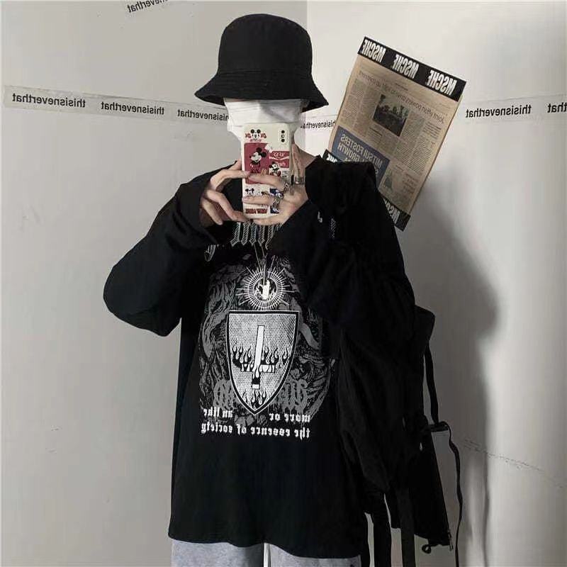 Áo Thun Tay Dài Dáng Rộng In Chữ Phong Cách hip hop Cho Nam