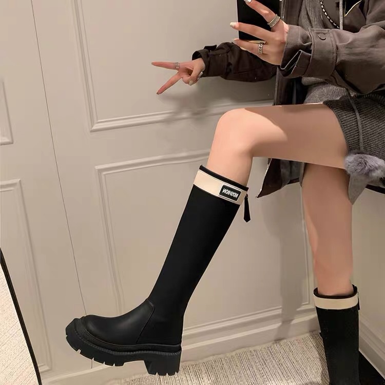 Giày Bốt Cổ Cao Đến Đầu Gối Màu Đen Phong Cách Anh Quốc Thời Trang Mùa Thu 2023