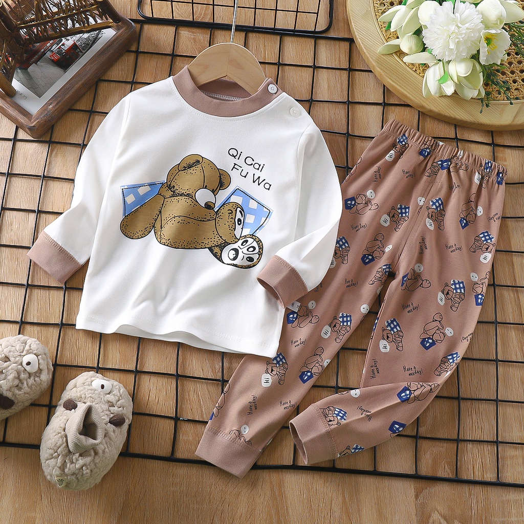 Hoạt Hình Bộ Đồ Ngủ 2 Món Vải cotton Tay Dài In Hình Gấu teddy Dễ Thương Cho Bé
