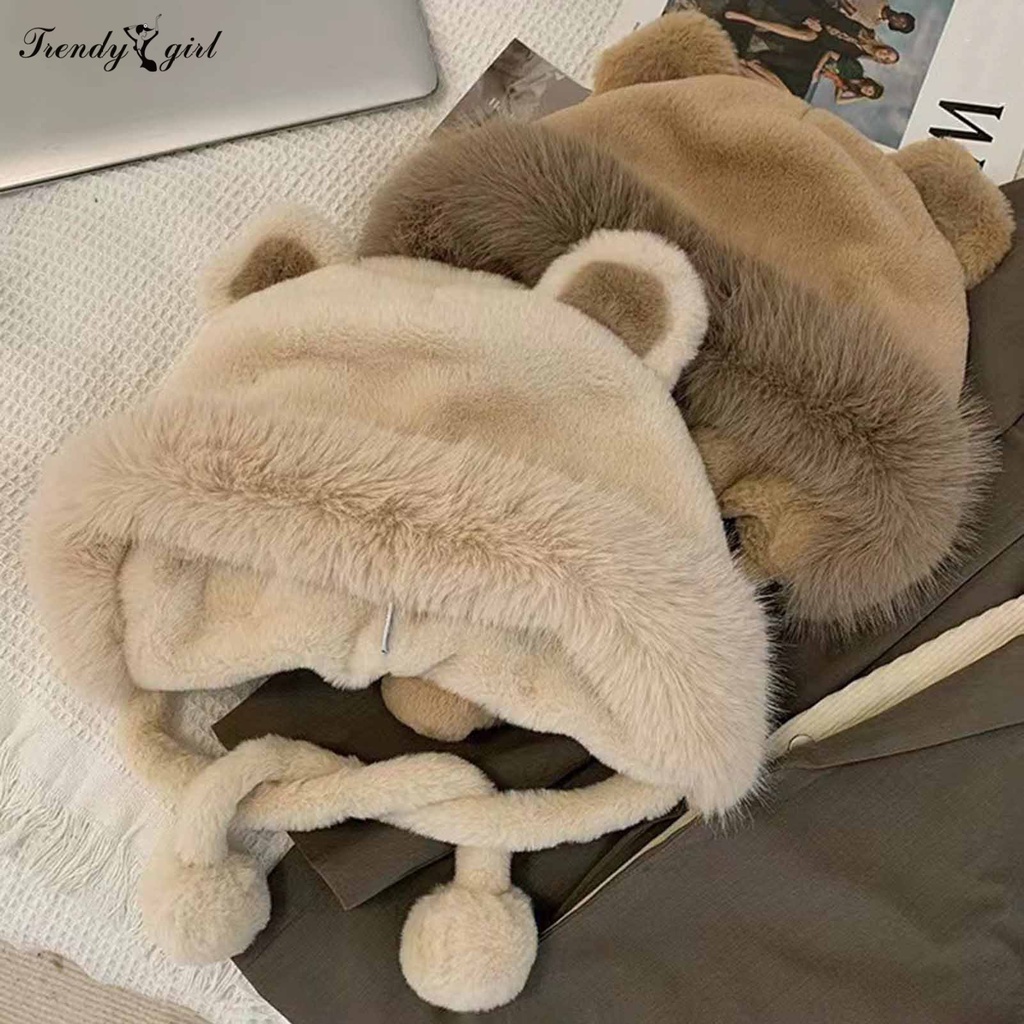 Mũ Trùm Đầu Vải Bông Dày Dặn Mềm Mại Giữ Ấm Tai Gấu Dễ Thương Có Dây Đeo Chống Gió Mùa Thu Đông Dành Cho Bạn Nữ Đi Xe Đạp Ngoài Trời