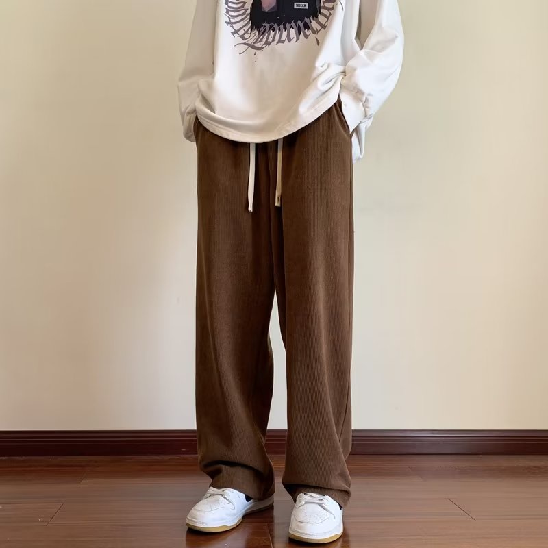 Quần Thể Thao Ống Rộng Vải Nhung Kẻ Thời Trang Thu Đông Cho Nam