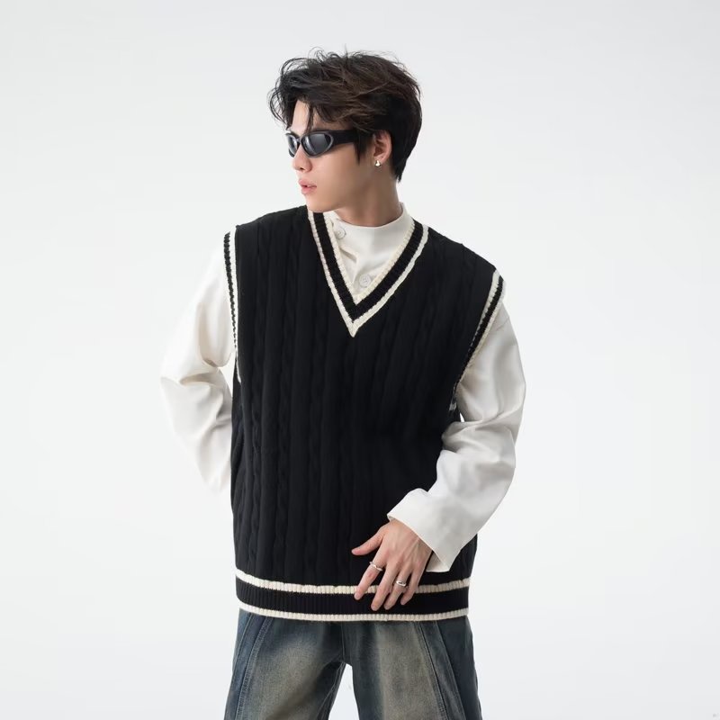 Sinransinya Áo sweater Sát Nách Cổ Chữ v Phối Màu Tương Phản Kiểu retro Nhật Bản Thời Trang Cao Cấp Cho Nam