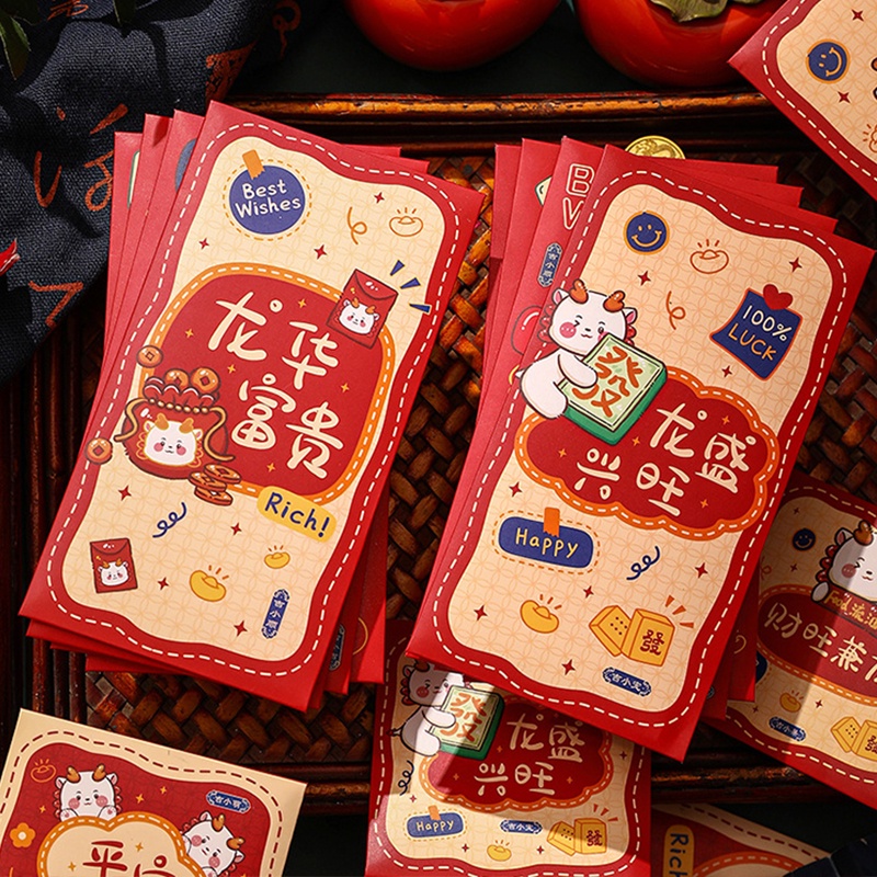 Set 6 Bao Lì Xì Đỏ Họa Tiết Rồng Dễ Thương 2024 cny