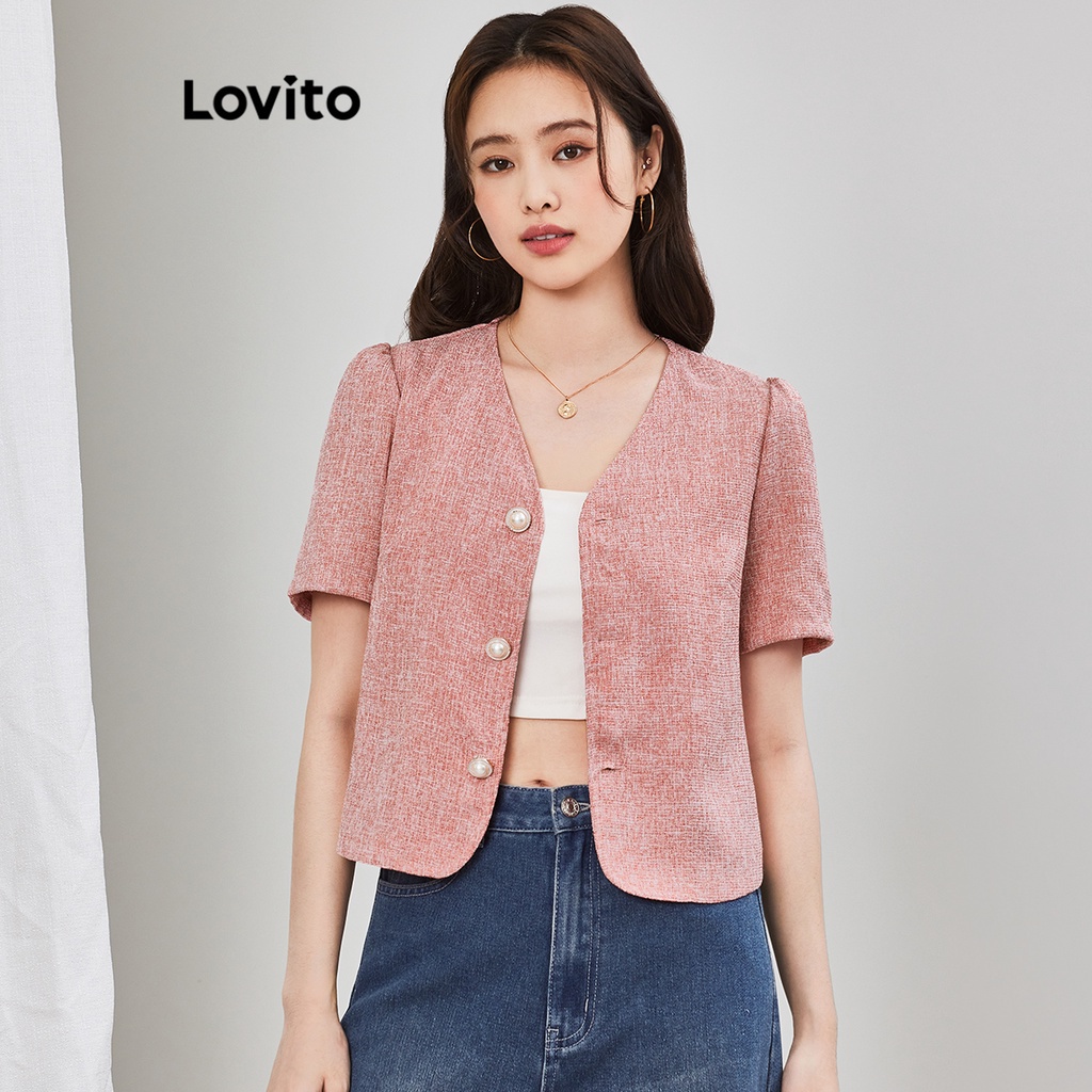 Áo blazer Lovito phối nút màu trơn thường ngày cho nữ LNE16081 (màu hồng)