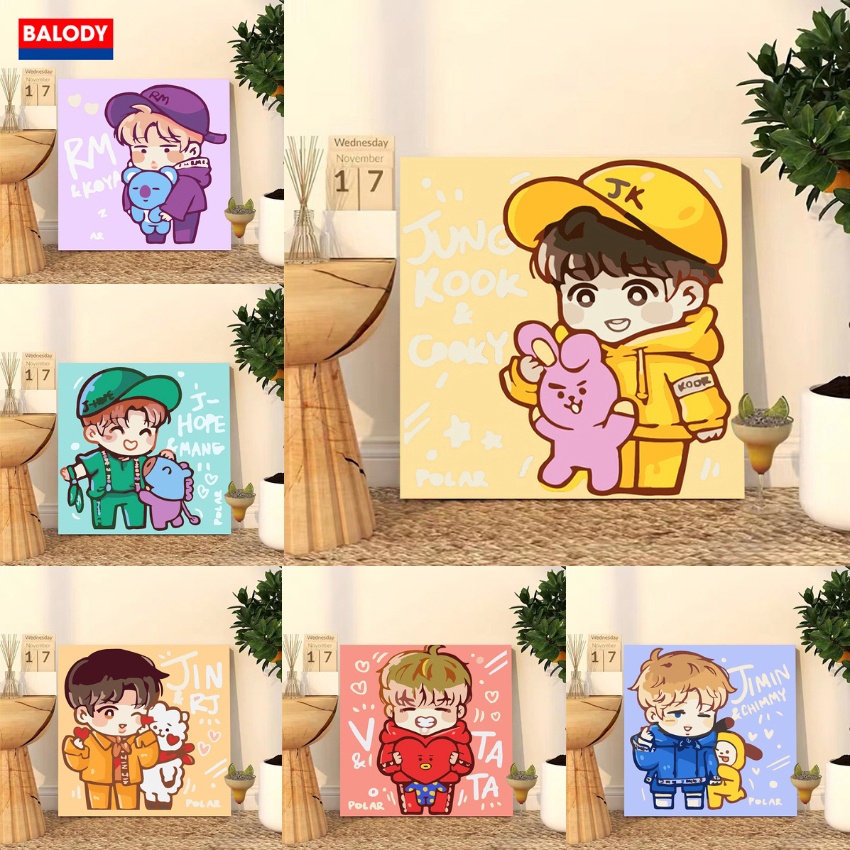 Tranh tô màu theo số,Tranh Sơn dầu Số hóa 20x20cm BTS V, Jin, RM, Jungkook BALODY có khung, màu, cọ 