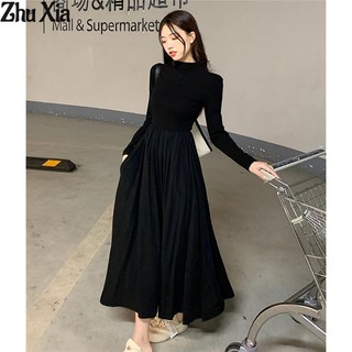 Zhu Xia Đầm Đen Cổ Lọ Dài Tay Ôm Dáng Phong Cách Pháp Thời Trang Thu Đông Cho Nữ
