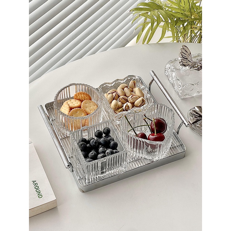 Hũ đựng mứt Tết 2024 thủy tinh kèm khay kim loại, Đĩa trái cây thủy tinh 4 ngăn cao cấp có nắp đậy - Mã: BK49