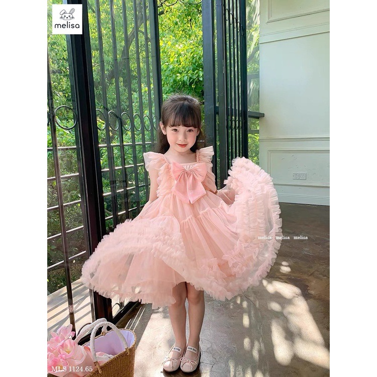 Váy voan 2 dây nơ ngực tùng xòe