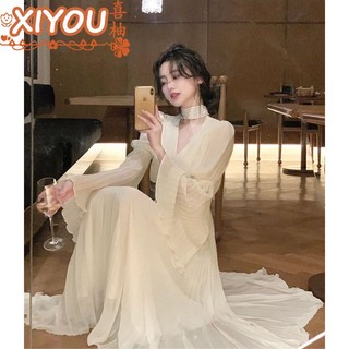 One Đầm Dài Tay Cổ Chữ v Thiết Kế Không Đồng Đều Xinh Xắn Thời Trang Mùa Thu Theo Phong Cách Pháp