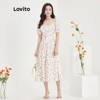 Đầm Lovito cổ tim thêu viền tay phồng lai bèo xếp nếp nút trước họa tiết hoa boho L51ED135 (màu trắng)