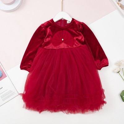 Váy công chúa voan dài tay Bé gái LITIBABY nơ đỏ cho bé từ 10kg- 30kg