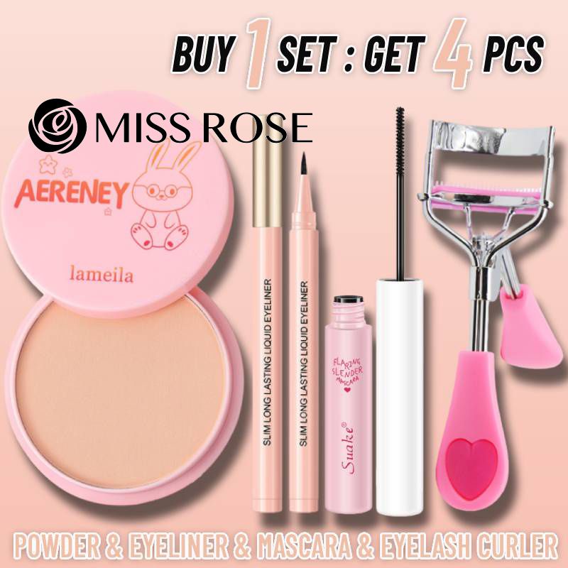 Bộ trang điểm 4 món Lameila Oil Control Matte Press Powder Lâu trôi Phấn phủ hoàn hảo + Bút kẻ mắt dạng lỏng + Mascara không thấm nước + Dụng cụ uốn mi ღ COD