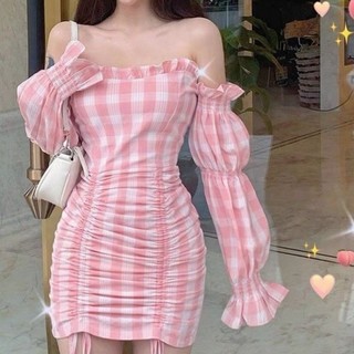 Đầm Tay Phồng Dài Hở Vai Họa Tiết Sọc Caro Phong Cách Thời Trang Mới Dành Cho Nữ