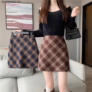 Sugemiusi Chân Váy Len Ngắn Dáng Chữ a Lưng Cao Họa Tiết Kẻ Sọc Thời Trang Thu Đông Dễ Phối Đồ Cho Nữ
