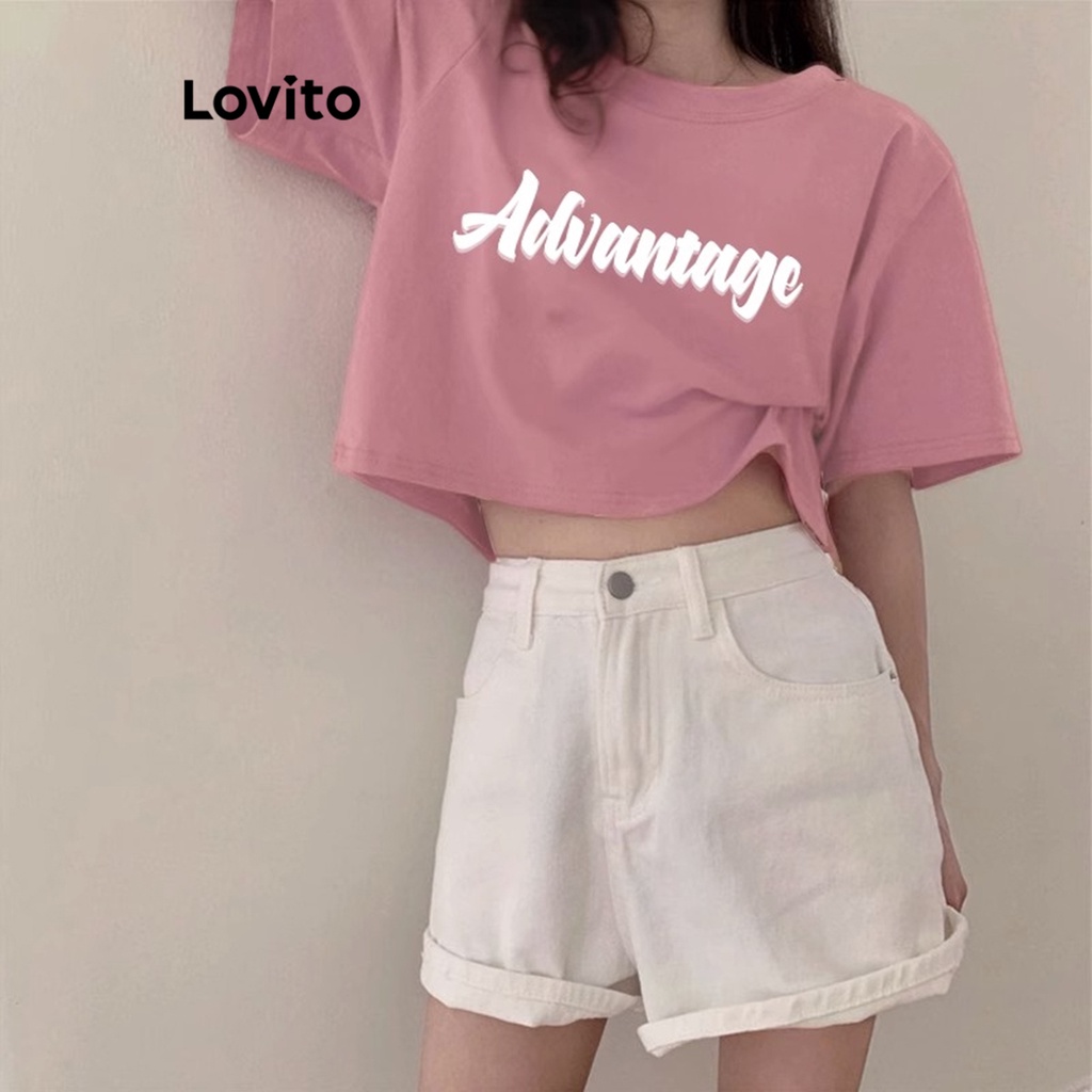 Áo thun croptop Lovito in họa tiết chữ cái thường ngày cho nữ bigsize áo rộng LNE20105 (màu hồng)