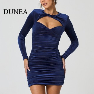 DUNEA Đầm Nhung mini Xếp Ly Khoét Sâu Gợi Cảm