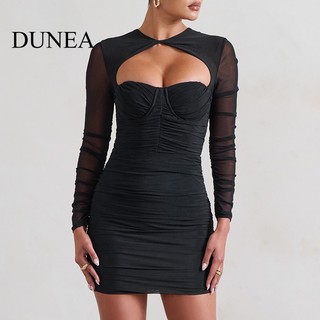 DUNEA Đầm Nữ Dài Tay Cổ Tròn Khoét Sâu Gợi Cảm