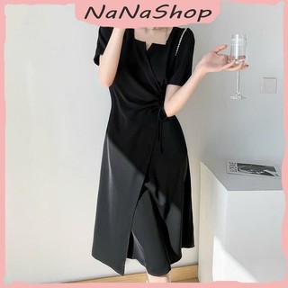 Đầm Thời Trang Rút Buộc Eo Tay Ngắn Gập Vạt Chất Cotton Lạnh Mềm Mại, Siêu Tôn Dáng