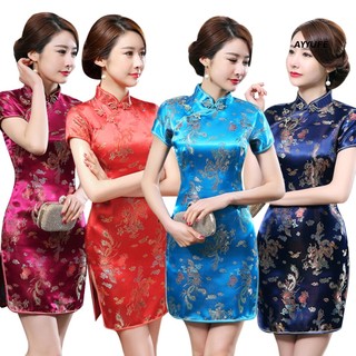 Đầm Mini Xẻ Tà Cổ Cao Tay Ngắn Thêu Hình Rồng Phượng Hoàng Phong Cách Trung Hoa Cho Nữ
