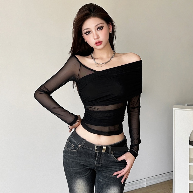 Áo croptop KLALIEN trễ vai tay dài màu trơn quyến rũ dành cho nữ | BigBuy360 - bigbuy360.vn