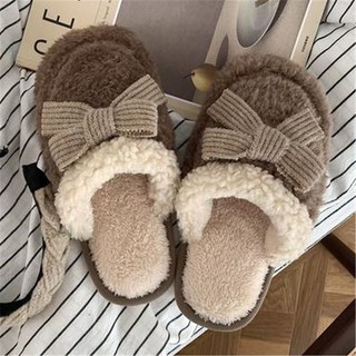 Dép Cotton Lót Lông Cừu Giữ Ấm Đính Nơ Phong Cách Hàn Quốc Mới