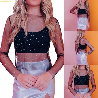 Áo Croptop Tay Dài Vải Lưới Mỏng Đính Đá Lấp Lánh Thời Trang Cho Nữ