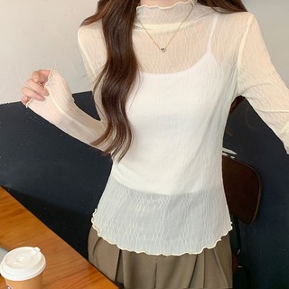 Brandy Melville Áo Thun Tay Dài Cổ Lọ Phối Ren Lưới Thời Trang Xuân Thu Cho Nữ