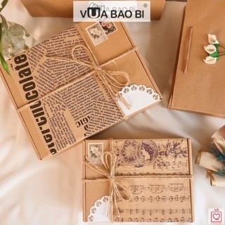Hộp đựng quà kraft  mẫu báo cổ điển Vintage trang trí Bullet journal quà sinh nhật,Noel thắt dây gai