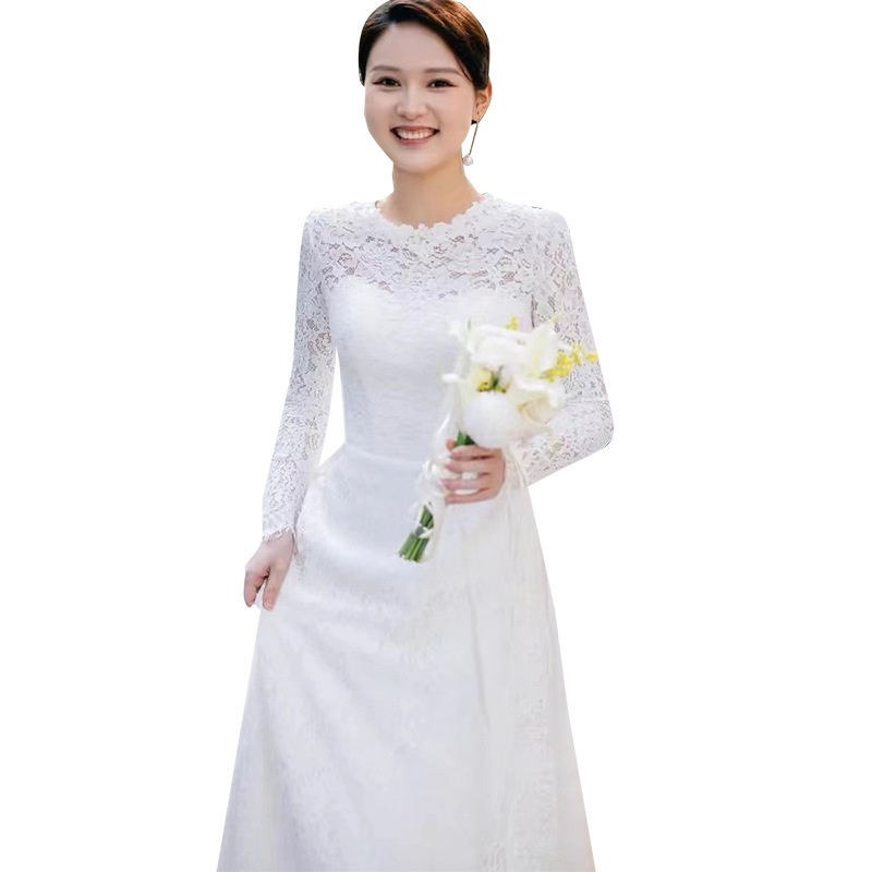 Đầm Cô Dâu Tay Dài Phối Ren Màu Trắng Thời Trang